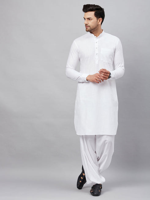 Men's White Cotton Blend Pathani Suit Set